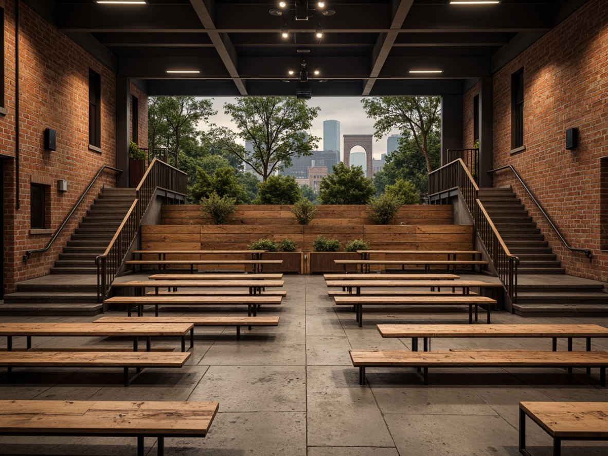 Prompt: Rustic amphitheater, reclaimed wood benches, industrial metal frames, distressed concrete floors, exposed brick walls, metallic accents, vintage lighting fixtures, earthy tone color palette, natural stone stairs, steel railings, urban landscape views, dramatic spotlights, shallow depth of field, 2/3 composition, cinematic atmosphere, realistic textures, ambient occlusion.