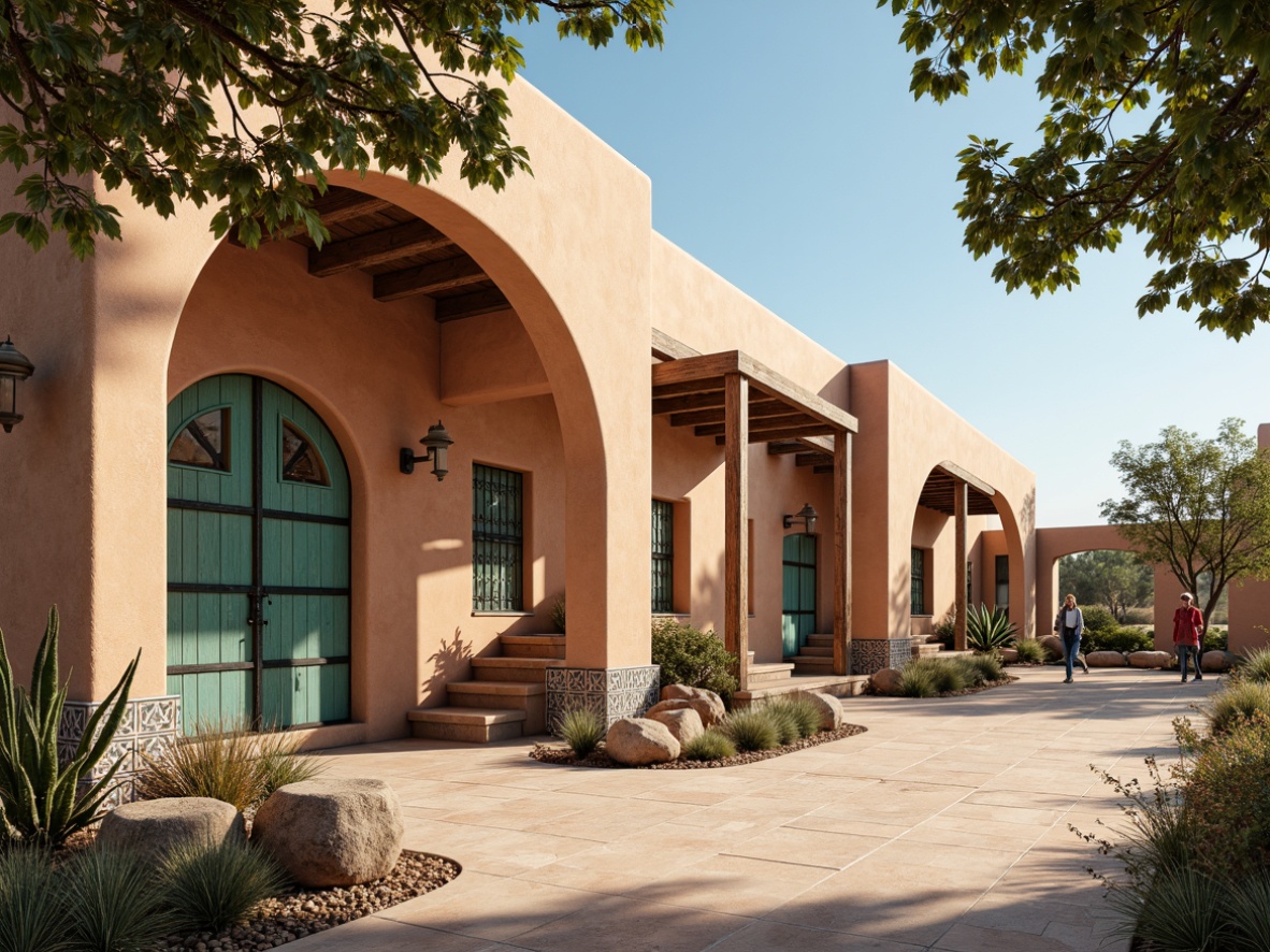 Prompt: Southwestern bus station, adobe-inspired architecture, curved plaster walls, earthy tones, vibrant turquoise accents, natural stonework, rustic wooden beams, ornate metalwork, intricate tile patterns, desert botanicals, cacti plants, warm sunny day, soft diffused lighting, shallow depth of field, 3/4 composition, panoramic view, realistic textures, ambient occlusion.