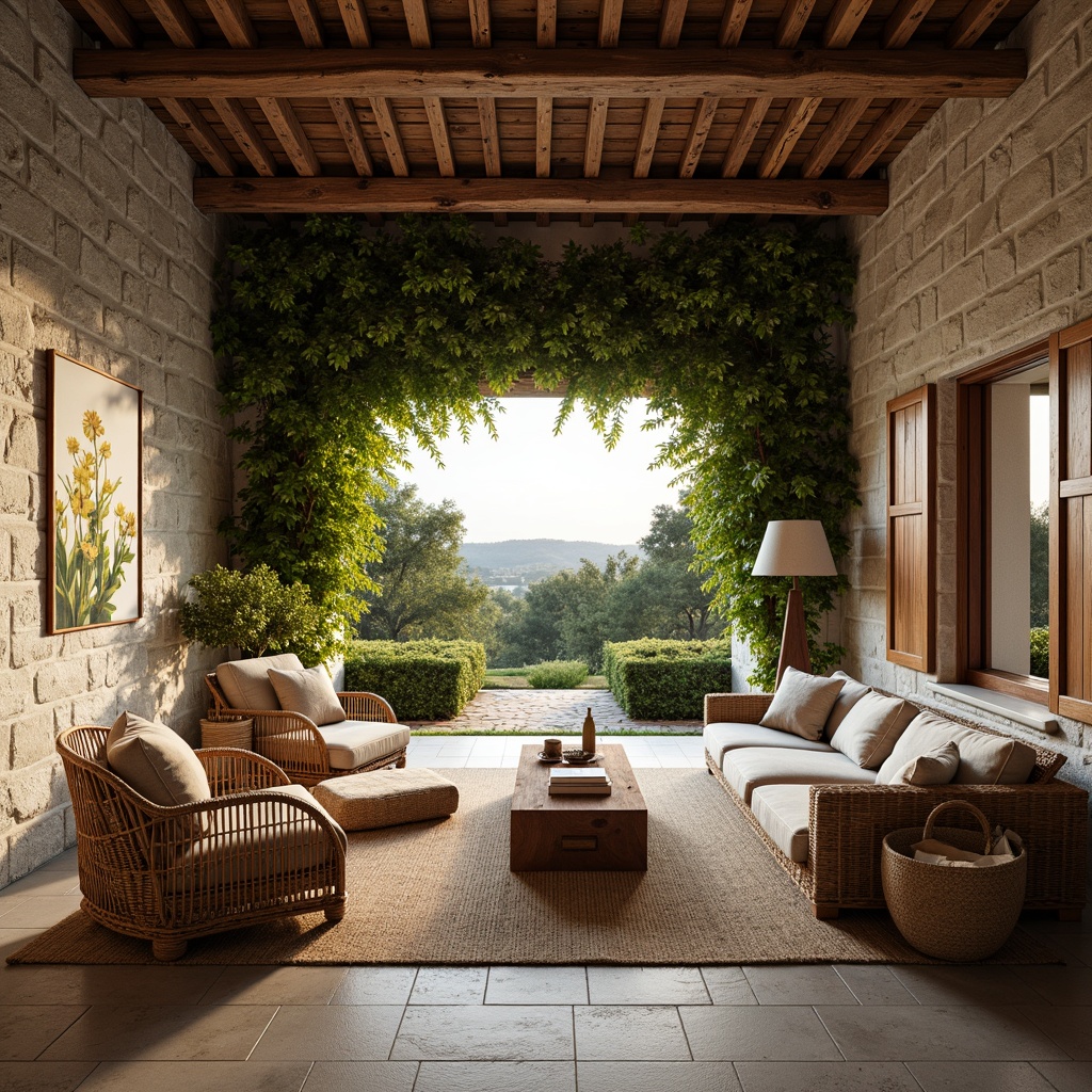 Prompt: Rustic villa, natural stone walls, wooden beams, earthy tones, lush greenery, vine-covered facades, wooden shutters, clay roof tiles, woven rattan furniture, jute rug, reclaimed wood accents, linen upholstery, botanical prints, warm soft lighting, cozy reading nooks, panoramic views, 1/1 composition, realistic textures, ambient occlusion.