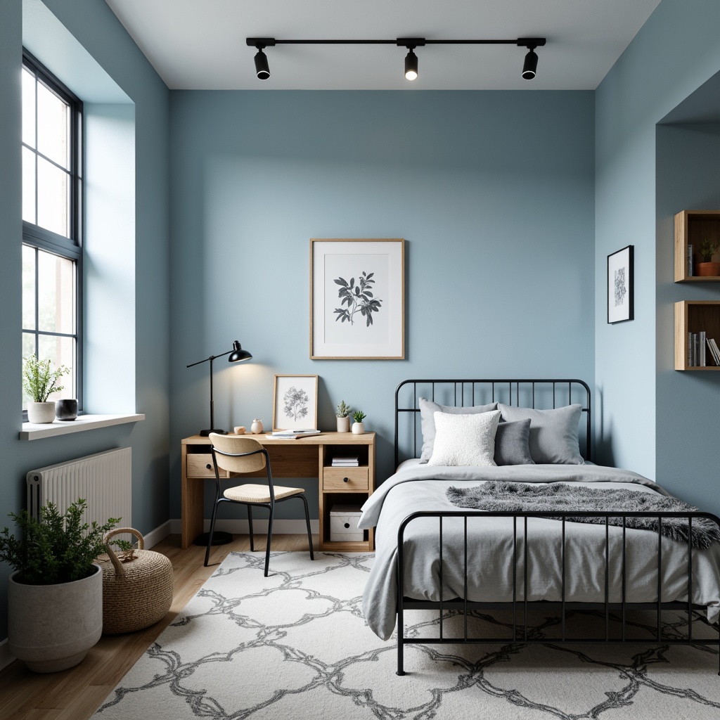 Prompt: Monochromatic dorm room, pastel blue walls, minimalist furniture, sleek metal frames, soft gray bedding, industrial chic decor, reclaimed wood accents, modern pendant lights, geometric patterned rugs, neutral tone color palette, calm atmosphere, shallow depth of field, 1/1 composition, natural light pouring in, airy feel, cozy reading nook, urban loft-inspired design.