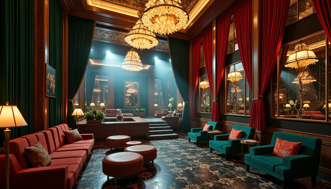 Prompt: Luxurious nightclub, Art Deco style, rich velvet drapes, metallic accents, opulent chandeliers, dark wood paneling, ornate mirrors, bold geometric patterns, vibrant jewel-toned colors, emerald green, sapphire blue, ruby red, amber gold, lavish furnishings, plush sofas, curved lines, metallic leaf motifs, crystal beads, glamorous lighting, low-key warm glow, spotlights on stage, fog machines, dynamic strobe lights, 1/2 composition, cinematic view, high-contrast rendering, detailed textures.