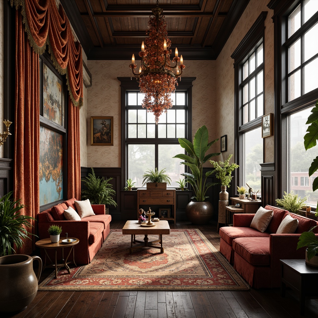 Prompt: Richly patterned fabrics, ornate velvets, luxurious silks, intricate lace details, opulent drapery, grandiose chandeliers, wooden paneling, ornamental moldings, high ceilings, large windows, natural light pouring in, busy industrial atmosphere, vintage machinery, antique furniture, distressed wood accents, worn leather textures, nostalgic color palette, warm soft lighting, shallow depth of field, 1/1 composition, realistic fabric rendering, ambient occlusion.