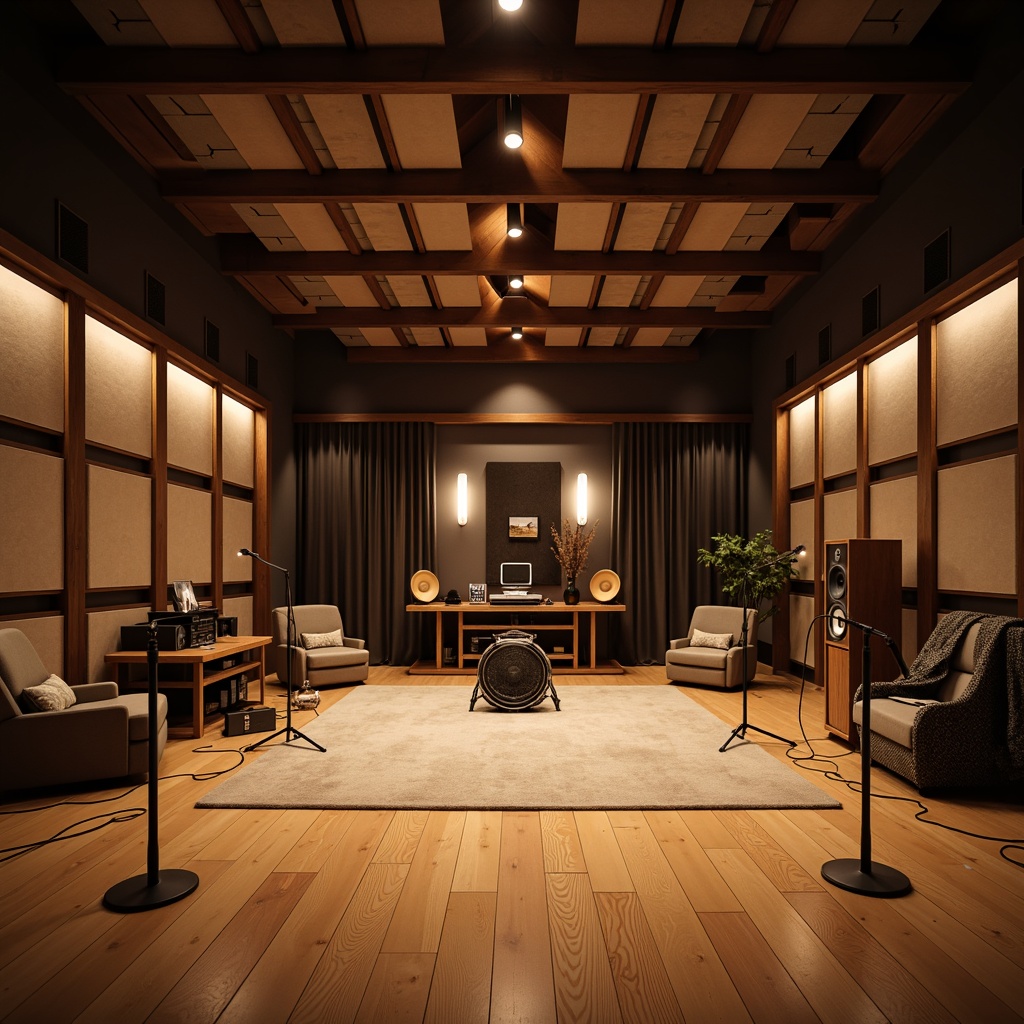 Prompt: Soundproof recording studio, wooden acoustic panels, soft fabric wraps, minimal echo, professional audio equipment, microphone stands, sound-absorbing materials, warm ambient lighting, cozy atmosphere, high-fidelity speakers, precise sound waves, detailed sound reflections, 3-point lighting setup, shallow depth of field, realistic textures, ambient occlusion.