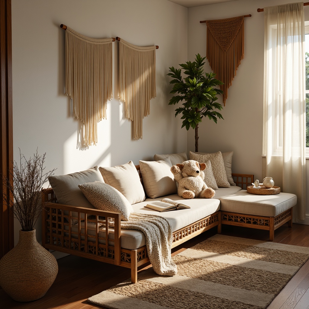 Prompt: Cozy reading nook, plush velvet pillows, soft cashmere throws, woven wicker furniture, natural jute rugs, macrame wall hangings, chunky knit blankets, rustic wooden accents, warm beige colors, inviting ambient lighting, shallow depth of field, 1/1 composition, realistic textures, subtle shadowing.