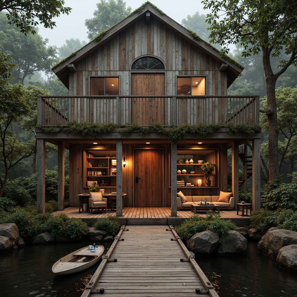 Prompt: Rustic boathouse, weathered wooden planks, distressed metal accents, rugged stonework, earthy color palette, moss-covered roofs, overgrown vegetation, murky waters, misty atmosphere, warm golden lighting, shallow depth of field, 2/3 composition, natural textures, ambient occlusion, worn wooden docks, faded nautical ropes, vintage marine equipment, rustic lanterns, cozy interior spaces, plush furnishings, natural fiber textiles, earth-toned ceramics.