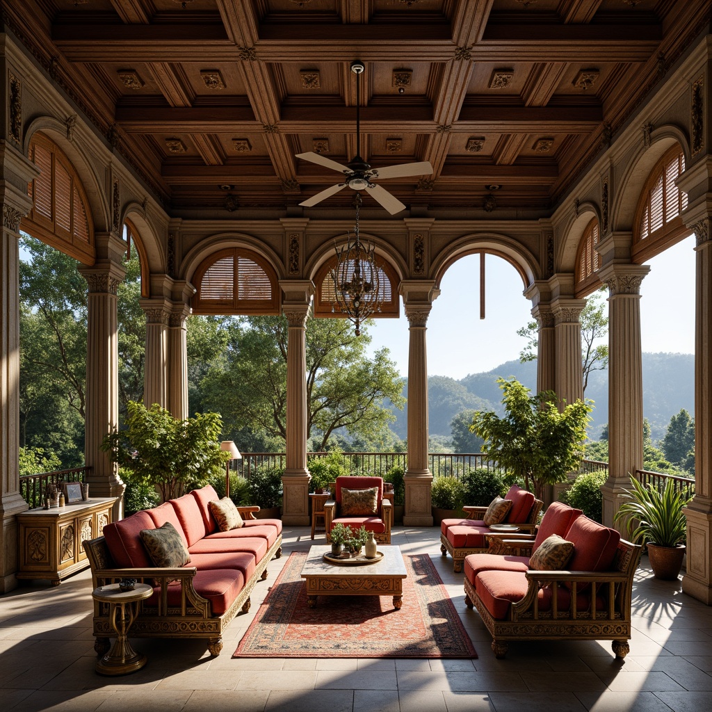 Prompt: Renaissance-style sunroom, ornate wooden furniture, velvet upholstery, golden accents, marble coffee tables, intricately carved armchairs, plush sofas, vintage-inspired rugs, natural stone flooring, large windows, panoramic views, abundant greenery, warm soft lighting, dramatic chandeliers, elegant ceiling fans, subtle color palette, luxurious fabrics, refined textures, 3/4 composition, realistic reflections.