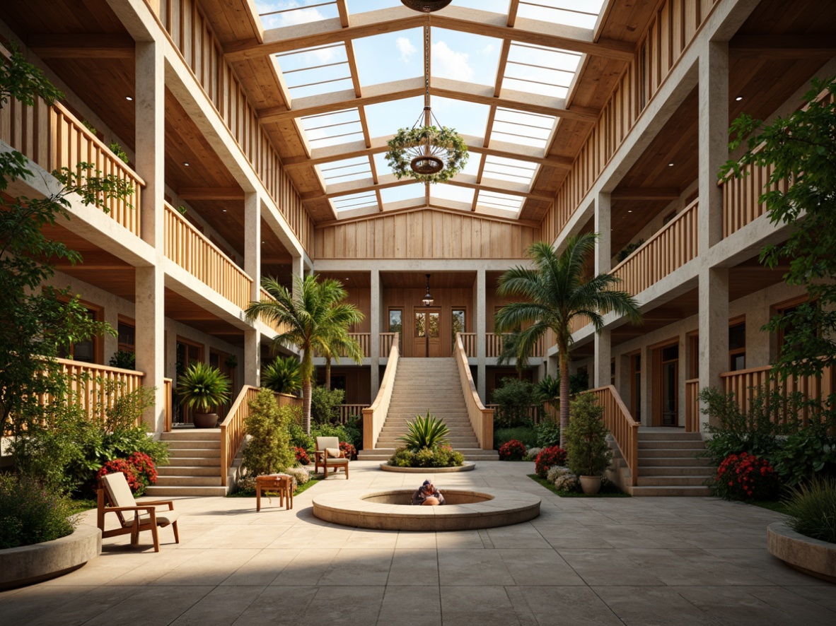 Prompt: Grand courthouse building, tropical style architecture, high ceilings, large windows, clerestory windows, natural lighting, warm wooden accents, stone columns, lush greenery, palm trees, vibrant flowers, open atrium, grand staircase, elegant chandeliers, soft warm lighting, shallow depth of field, 1/1 composition, realistic textures, ambient occlusion.