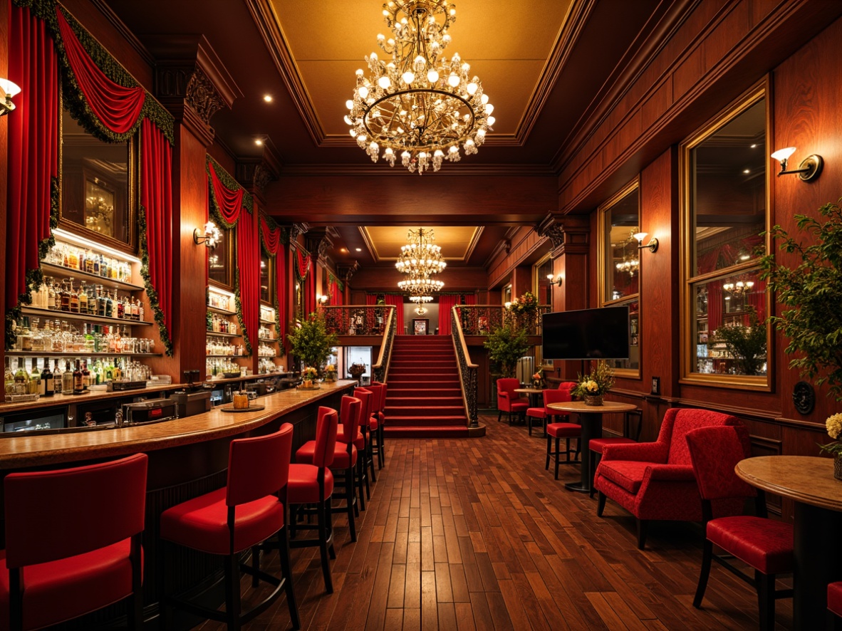 Prompt: Richly ornamented bar interior, lavish chandeliers, opulent velvet drapes, polished wooden floors, ornate mirrors, intricate moldings, grandiose staircases, luxurious upholstery, vibrant jewel-toned color scheme, dramatic lighting effects, warm golden ambiance, shallow depth of field, 2/3 composition, realistic textures, ambient occlusion.