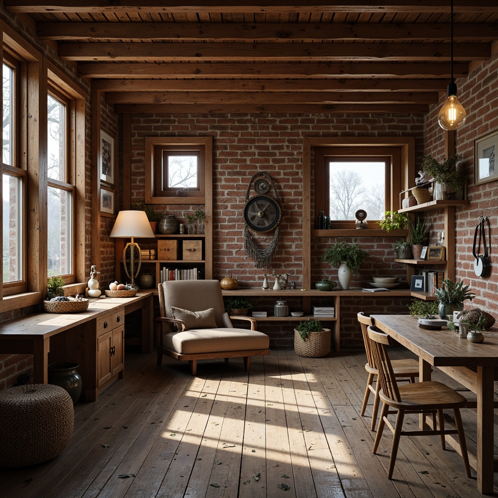 Prompt: Rustic boathouse interior, reclaimed wood accents, industrial metal beams, exposed brick walls, distressed wooden floors, vintage nautical instruments, antique fishing nets, metal pulley systems, Edison bulb lighting, minimalist decor, urban loft inspiration, neutral color palette, natural textiles, earthy tones, cozy atmosphere, soft warm glow, 1/2 composition, shallow depth of field, realistic wood textures, ambient occlusion.