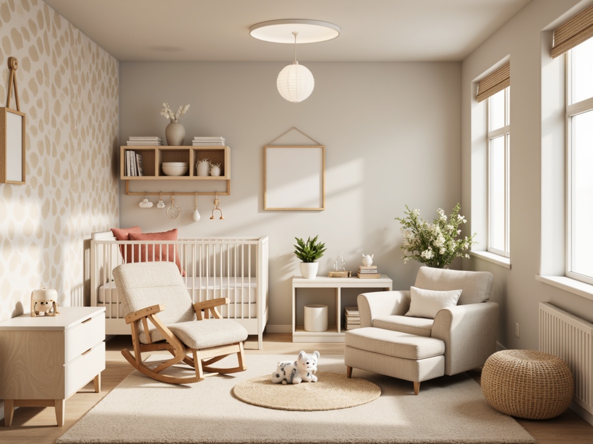 Prompt: Cozy nursery, soft pastel colors, gentle lighting, plush toys, comfortable glider, warm beige carpet, minimal decor, functional storage units, convertible crib, changing station, soothing mobiles, calming wallpaper, natural wood accents, creamy white furniture, rounded edges, safety gates, baby-friendly textiles, whimsical wall art, playful patterns, shallow depth of field, 1/1 composition, softbox lighting.