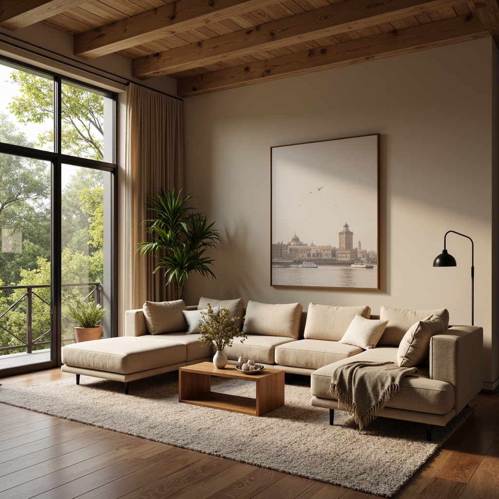 Prompt: Cozy living room, plush sectional sofa, comfortable cushions, wooden coffee table, elegant lamps, soft rugs, warm beige walls, large windows, natural light, greenery views, modern minimalist decor, sleek metal frames, velvet upholstery, subtle patterned fabrics, relaxing ambiance, warm color scheme, 1/1 composition, softbox lighting, realistic textures.