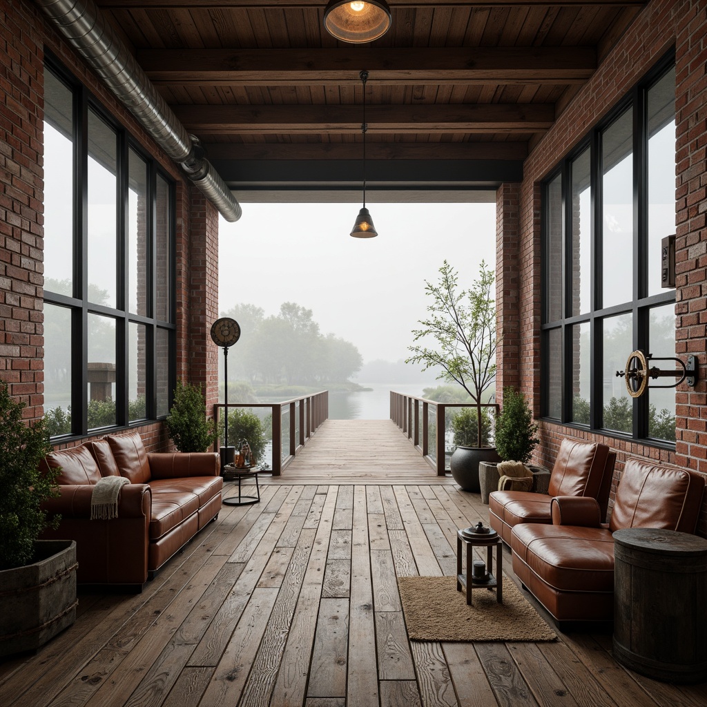 Prompt: Rustic wooden docks, distressed metal accents, reclaimed wooden planks, industrial-style lighting fixtures, exposed brick walls, vintage nautical instruments, metal lanterns, worn leather furnishings, earthy color palette, natural textiles, oversized windows, waterfront views, morning fog, soft diffused light, 1/1 composition, atmospheric misting.