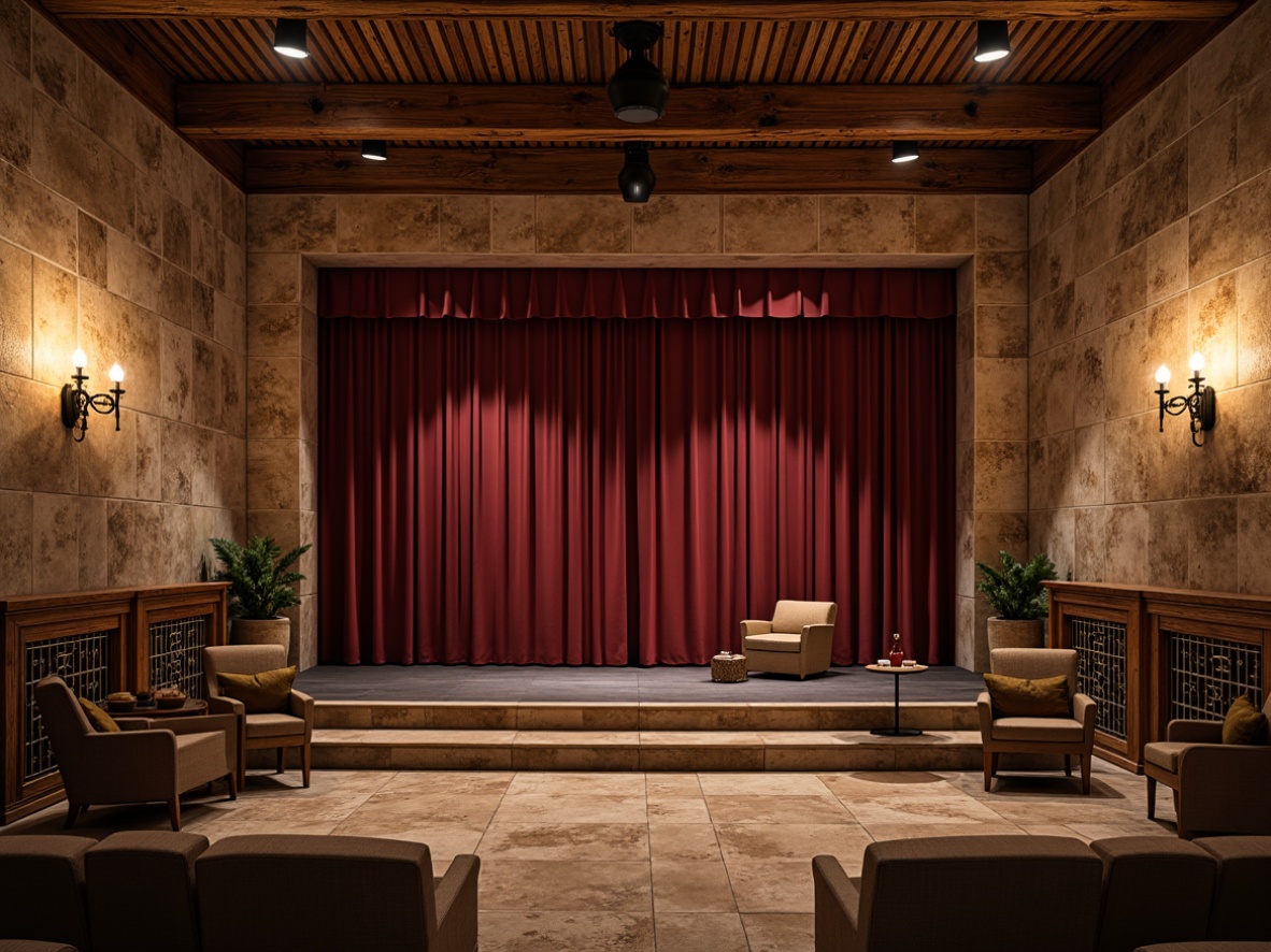 Prompt: Rustic performing arts center, distressed wooden walls, earthy tones, natural stone floors, wooden beam ceilings, vintage theatrical lights, cozy stage settings, plush velvet curtains, ornate metal railings, decorative wooden accents, warm ambient lighting, shallow depth of field, 1/1 composition, realistic textures, ambient occlusion, soft focus blur, intimate setting, rustic charm.