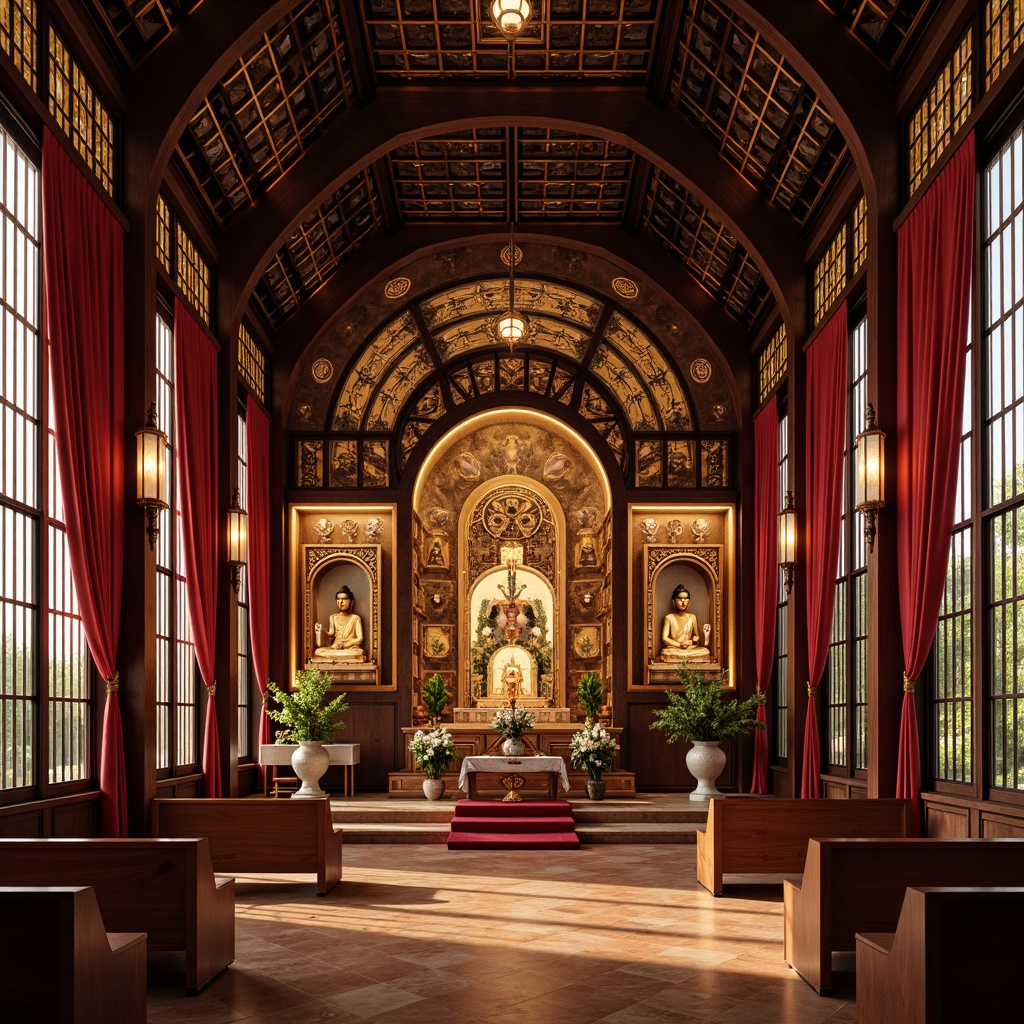 Prompt: Traditional Asian-style church interior, ornate altar, intricately carved wooden panels, golden accents, crimson velvet drapes, majestic Buddha statues, delicate paper lanterns, warm soft lighting, subtle incense aroma, peaceful ambiance, gentle natural textures, serene atmosphere, harmonious blend of Eastern cultures, elegant curves, symmetrical composition, shallow depth of field, 1/1 aspect ratio, vibrant cultural colors.