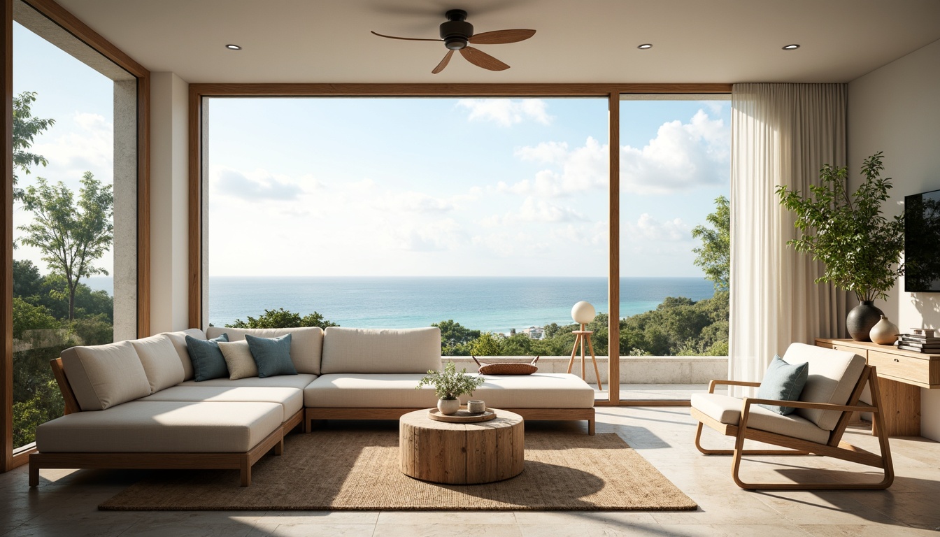 Prompt: Airy coastal living room, large windows, sliding glass doors, ocean views, natural light pouring in, white linen curtains, driftwood furniture, sea salt textures, woven jute rugs, soft blue-green color palette, beachy vibe, calming atmosphere, morning sunlight, warm glow, subtle shadows, 1/1 composition, soft focus, realistic render.