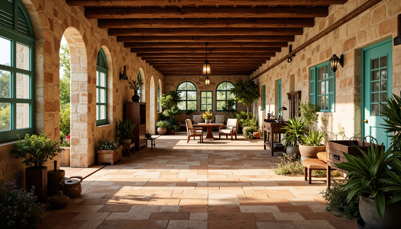 Prompt: Warm Mediterranean ambiance, rustic stone walls, wooden beams, earthy terracotta floors, vibrant turquoise accents, ornate ironwork, lush greenery, natural light pouring in, large windows, arched doorways, antique furniture, distressed wood equipment, vintage athletic props, warm soft lighting, shallow depth of field, 3/4 composition, realistic textures, ambient occlusion.