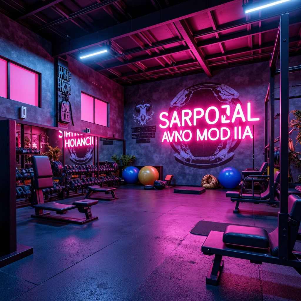 Prompt: Vibrant home gym, bold color scheme, bright neon lights, motivational quotes, modern fitness equipment, sleek metal frames, rubber flooring, mirrored walls, intense workout atmosphere, energetic background music, high-intensity lighting, 1/1 composition, shallow depth of field, realistic textures, ambient occlusion, fitness-inspired artwork, dynamic patterns, sporty textiles, industrial-chic decor.