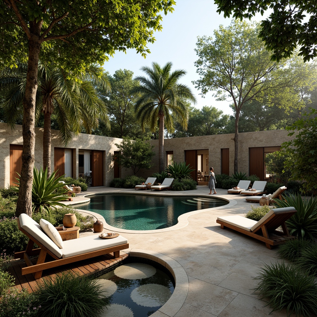 Prompt: Rustic stone walls, lush greenery, natural waterfall, wooden pool deck, tropical plants, wicker lounge chairs, vintage lanterns, earthy color palette, organic curves, free-form pool shape, shallow water features, stepping stones, surrounding trees, dappled shade, warm sunny day, soft diffused lighting, 1/2 composition, intimate atmosphere, realistic textures, ambient occlusion.