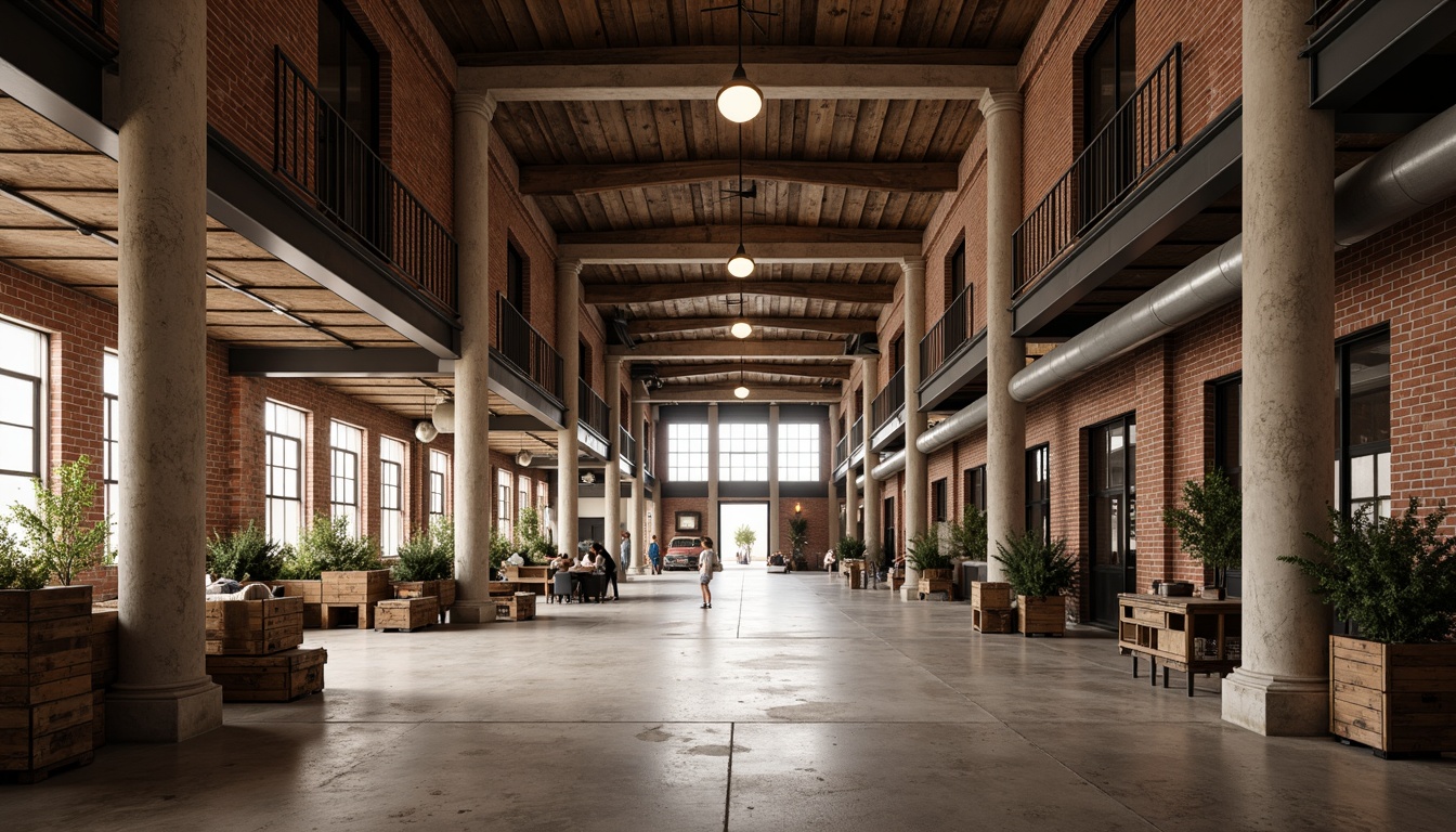 Prompt: Elegant warehouse interior, neoclassical columns, ornate capitals, rustic brick walls, polished concrete floors, high ceilings, large metal beams, industrial chic lighting, wooden crates, vintage factory equipment, distressed metal accents, earthy color palette, natural textures, warm ambient lighting, shallow depth of field, 1/2 composition, symmetrical framing, realistic reflections, subtle atmospheric effects.