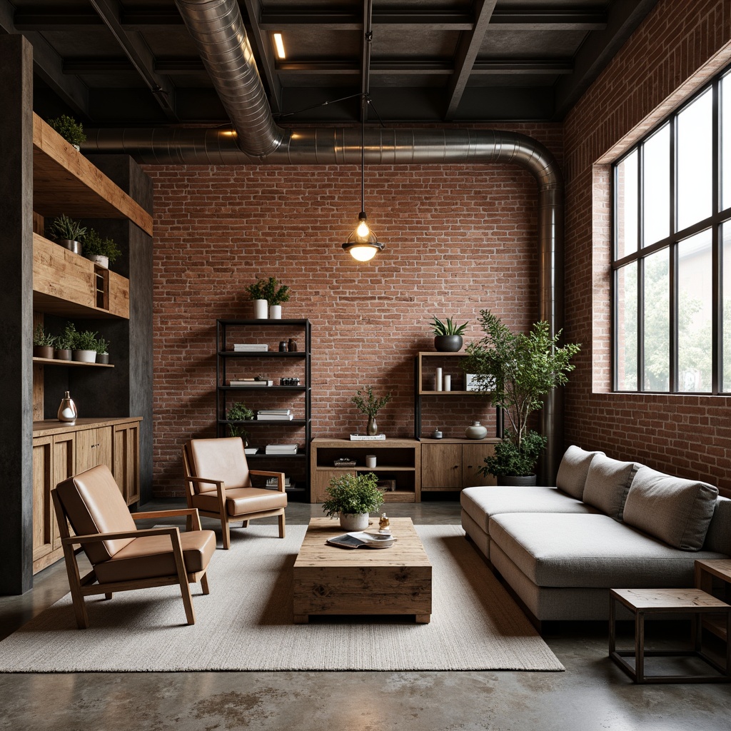 Prompt: Rustic industrial space, exposed brick walls, metal beams, reclaimed wood flooring, modern minimalist decor, sleek low-profile sofas, distressed leather armchairs, steel coffee tables, wooden crate side tables, industrial-style lighting fixtures, Edison bulbs, concrete floors, functional modular shelving, metallic accents, urban loft atmosphere, natural textiles, earthy color palette, warm softbox lighting, shallow depth of field, 2/3 composition, realistic textures, ambient occlusion.