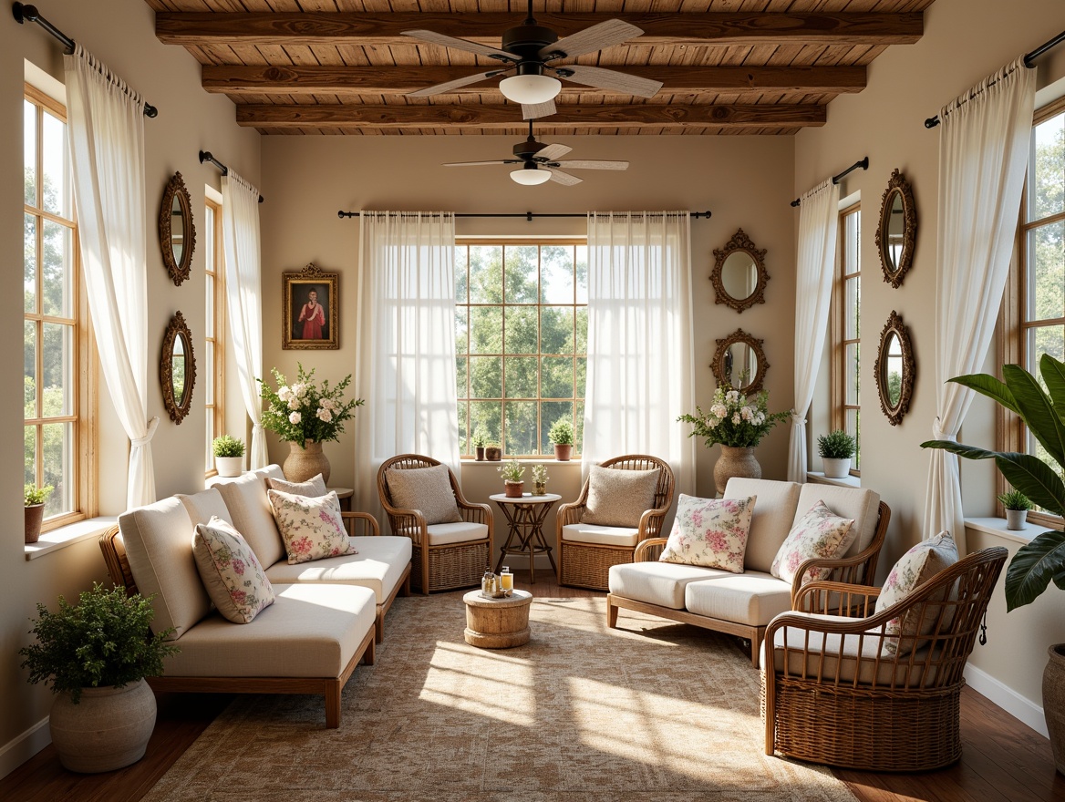 Prompt: Whimsical sunroom, distressed wood furniture, soft plush cushions, vintage floral patterns, lace drapes, pastel color palette, warm natural lighting, sheer curtains, rustic wooden beams, woven wicker chairs, artificial greenery, distressed metal lanterns, ornate mirror frames, velvet throw pillows, macrame wall hangings, linen upholstery, candlelit ambiance, warm beige walls, soft focus photography, 1/1 composition, dreamy atmosphere.