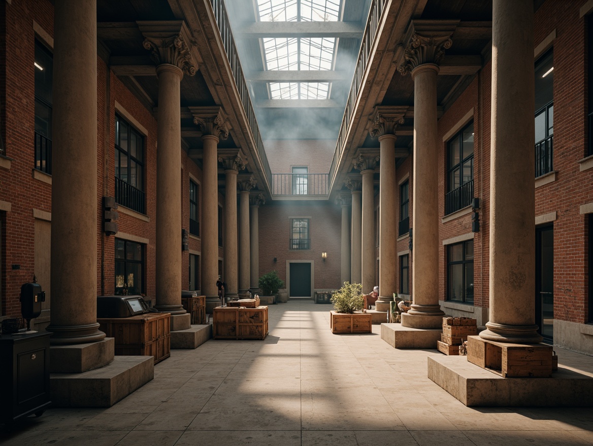 Prompt: Grand warehouse interior, majestic columns, ornate capitals, rusticated bases, Neoclassical architecture style, industrial chic aesthetic, exposed brick walls, polished concrete floors, steel beams, wooden crates, vintage factory equipment, warm soft lighting, dramatic shadows, atmospheric mist, cinematic composition, symmetrical framing, realistic textures, ambient occlusion.