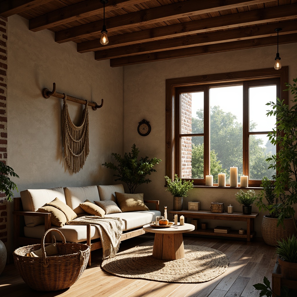 Prompt: Rustic farmhouse, warm soft lighting, candles, lanterns, wooden beams, exposed brick walls, vintage metal fixtures, earthy tones, natural textiles, woven baskets, distressed wood furniture, cozy reading nooks, plush throw blankets, lush greenery, potted plants, sunny afternoon, gentle warm glow, softbox lighting, 1/1 composition, realistic textures, ambient occlusion.