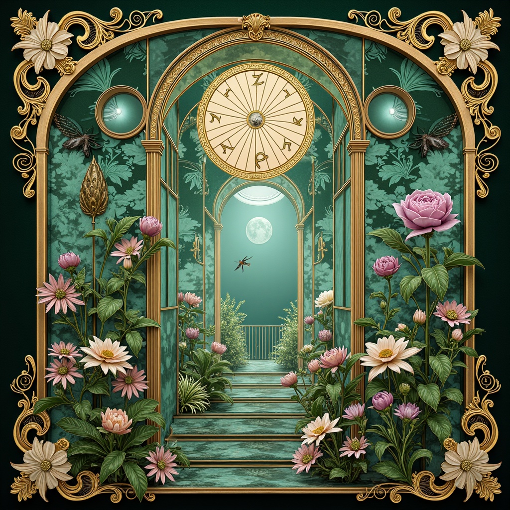 Prompt: Intricate Art Nouveau ornamentation, flowing organic lines, sinuous curves, luxurious gold accents, rich jewel tones, emerald green, sapphire blue, amethyst purple, creamy whites, warm beige, soft peaches, subtle mint greens, ornate typography, botanical motifs, stylized florals, whimsical insects, natural textures, velvety surfaces, glassy reflections, dramatic shadows, mysterious ambiance, 1/2 composition, atmospheric perspective, soft focus, dreamy lighting.