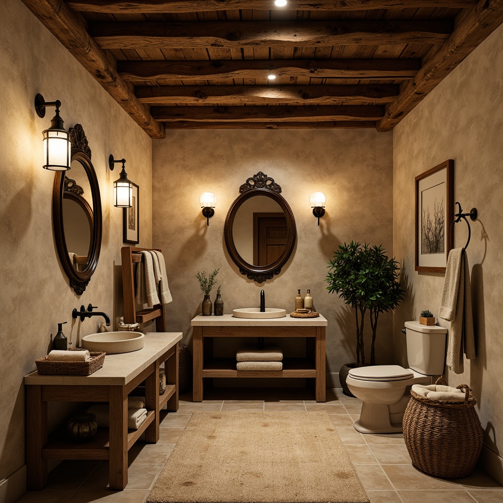 Prompt: Rustic powder room, earthy tones, wooden accents, stone walls, vintage fixtures, ornate mirrors, warm ambient lighting, soft candlelight, pendant lamps, metal lanterns, frosted glass shades, distressed wood beams, natural fiber textiles, woven baskets, potted greenery, warm beige colors, cozy atmosphere, relaxed mood, shallow depth of field, 1/1 composition, realistic textures.