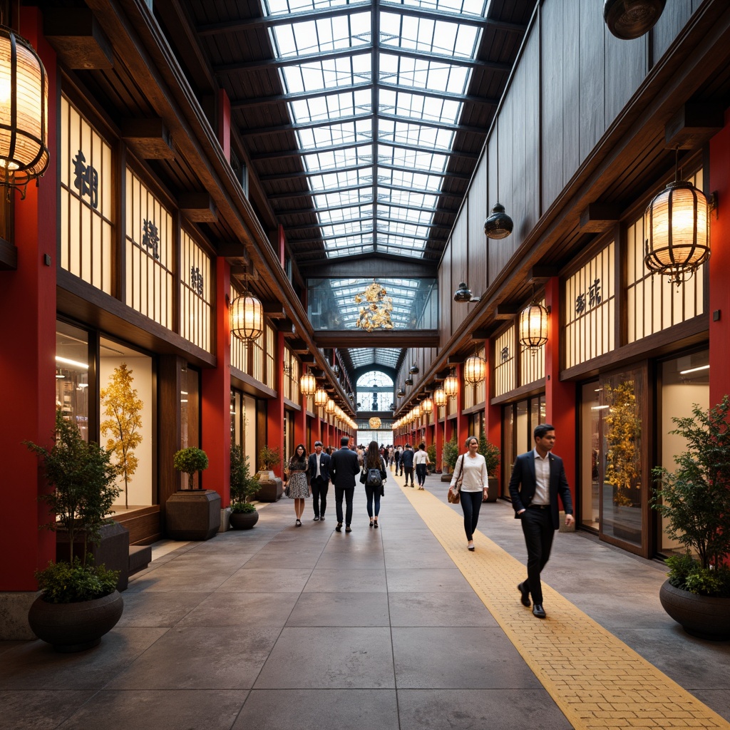 Prompt: Vibrant Asian-inspired train station, traditional Japanese shoji screens, natural wood accents, sliding doors, ornate metal lanterns, intricate ceramic tiles, bold red columns, golden calligraphy, soft warm lighting, shallow depth of field, 3/4 composition, panoramic view, realistic textures, ambient occlusion, bustling crowd, lively atmosphere, cultural fusion, modern amenities, sleek glass roofs, minimalist design, urban landscaping, cityscape views.