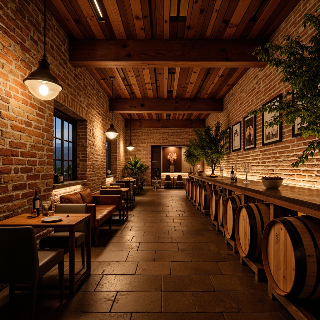 Prompt: Rustic winery interior, warm ambient lighting, wooden barrel accents, vineyard-inspired chandeliers, earthy tone pendant lights, soft candlelight, dimmable LED strips, industrial metal shades, exposed brick walls, rich wood tones, wine cellar ambiance, intimate seating areas, cozy nooks, warm color temperatures, layered lighting effects, softbox diffusers, minimalist track lighting, decorative sconces, natural stone flooring.