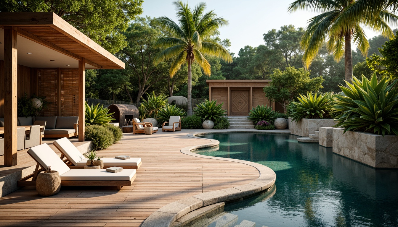 Prompt: Rustic wooden decking, natural stone coping, earthy tones, organic shapes, free-form pools, water features, lush greenery, tropical plants, palm trees, sunny day, warm ambient lighting, shallow depth of field, 1/2 composition, intimate atmosphere, soft focus, realistic textures, ambient occlusion, reclaimed wood accents, woven bamboo fencing, pebble-stone flooring, natural fiber upholstery, earth-toned ceramics.