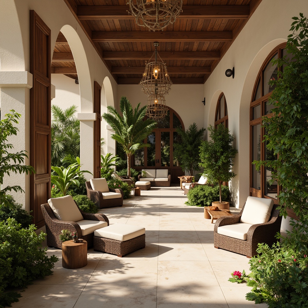 Prompt: Rich wood accents, polished marble floors, lush green walls, exotic plants, tropical flowers, woven rattan furniture, natural fiber textiles, warm beige tones, soft cream colors, elegant archways, ornate columns, luxurious chandeliers, ambient lighting, shallow depth of field, 1/1 composition, realistic textures, subtle shadows.