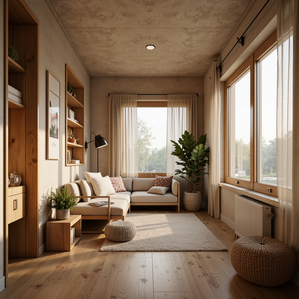 Prompt: Cozy dormitory, warm beige walls, textured finishes, rustic wood accents, comfortable bedding, soft pillows, modern furniture, minimalist decor, natural light, large windows, sheer curtains, warm color palette, inviting atmosphere, relaxing ambiance, softbox lighting, shallow depth of field, 1/1 composition, realistic textures, ambient occlusion.