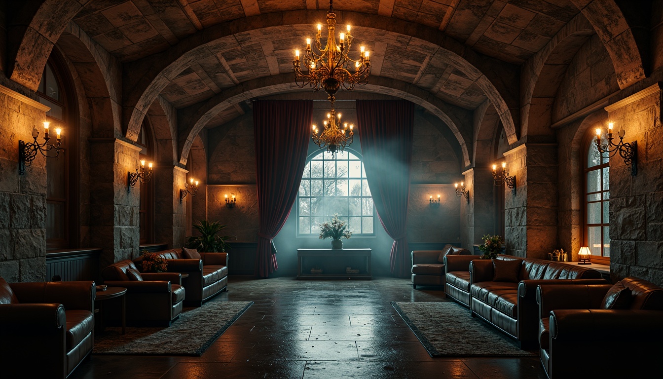 Prompt: Dark mysterious basement, stone walls, cold concrete floors, dimly lit atmosphere, ornate gothic arches, grandiose chandeliers, lavish velvet drapes, intricate stonework patterns, rough-hewn wooden beams, worn leather furniture, mystical ancient artifacts, eerie fog effects, soft warm candlelight, shallow depth of field, 1/2 composition, realistic textures, ambient occlusion.