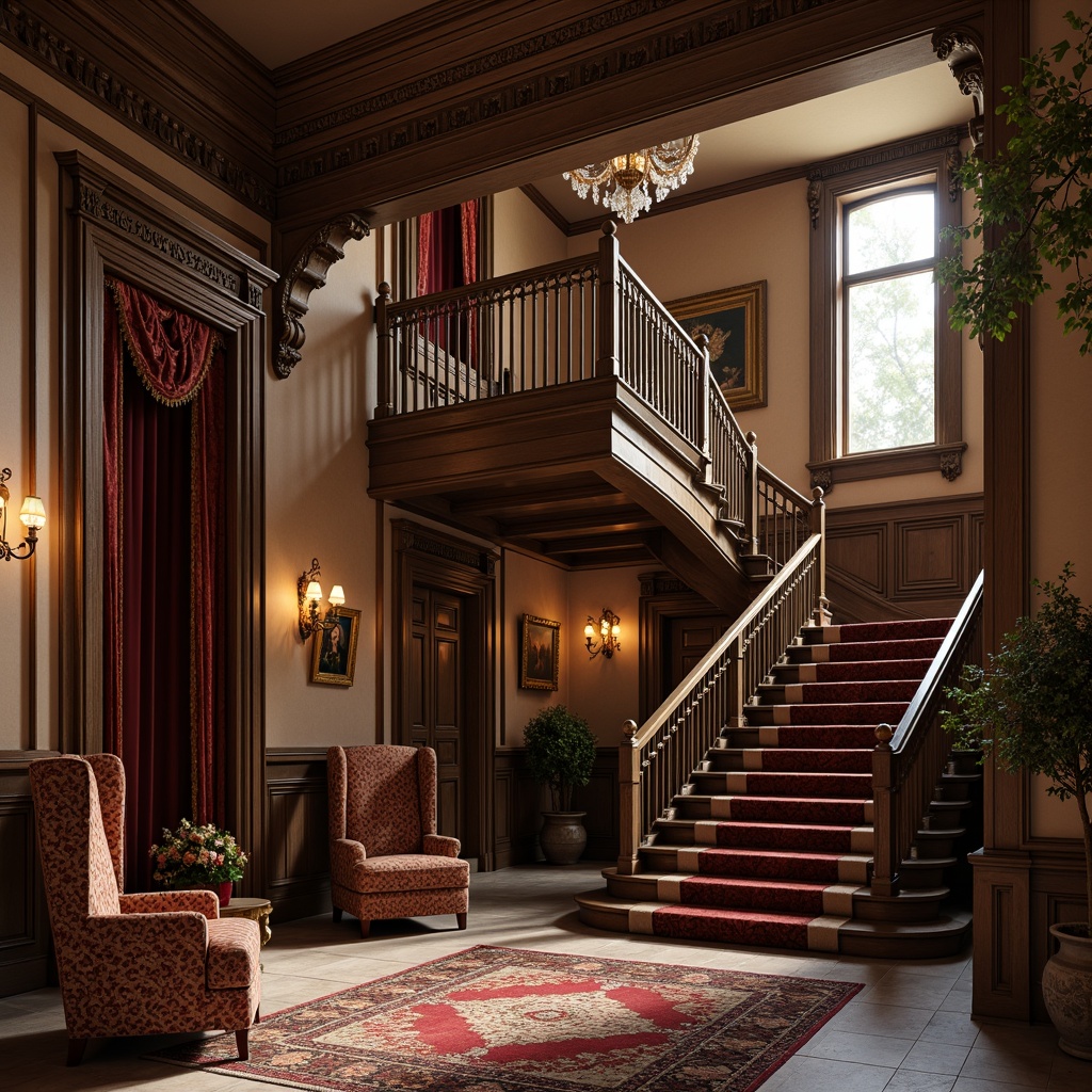 Prompt: Elegant Victorian-era mansion, ornate facades, grand entranceways, sweeping staircases, intricately carved wooden doors, polished brass hardware, luxurious velvet drapes, richly patterned rugs, crystal chandeliers, soft warm lighting, shallow depth of field, 1/1 composition, realistic textures, ambient occlusion.