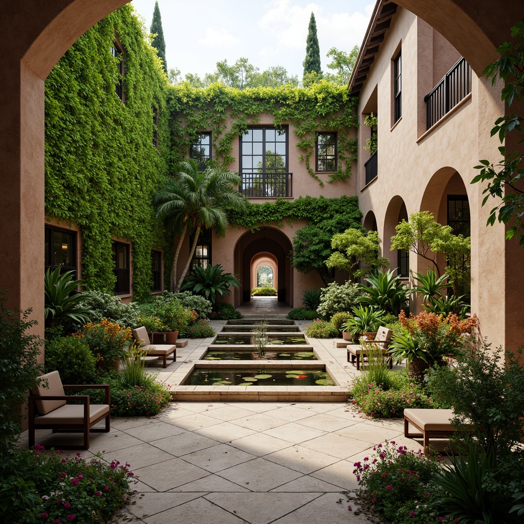 Prompt: Tropical courthouse courtyard, lush green walls, vibrant exotic plants, natural stone pathways, water features, koi ponds, wooden benches, tropical hardwood trees, colorful floral arrangements, warm sunny day, soft diffused lighting, shallow depth of field, 1/1 composition, intimate close-up shots, realistic textures, ambient occlusion, ornate metal railings, decorative tile work, stucco walls, Spanish-inspired architecture, curved lines, tranquil ambiance.