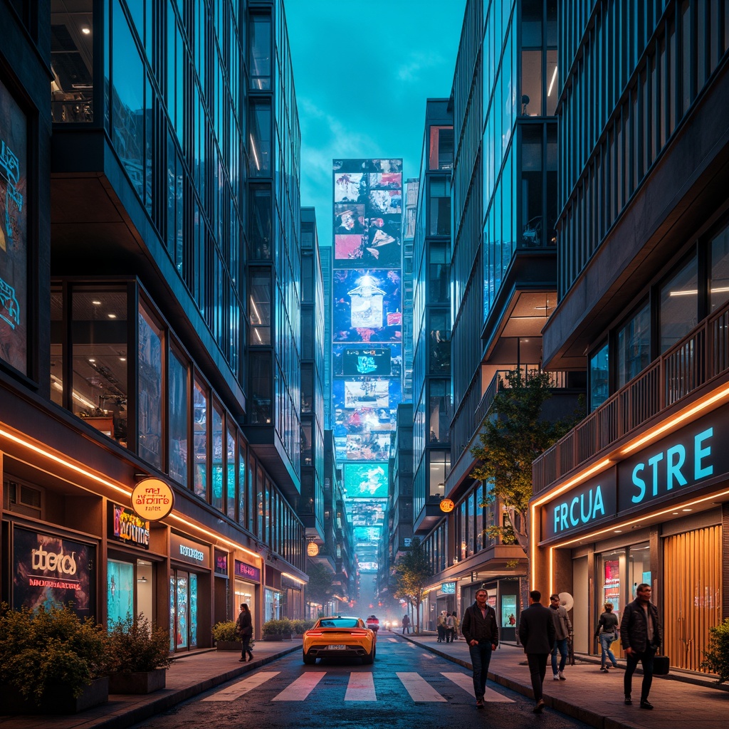 Prompt: Neon-lit cityscape, sleek metallic buildings, iridescent hues, electric blue accents, radiant orange highlights, luminescent green glow, chrome finishes, mirrored reflections, geometric patterns, futuristic typography, high-tech gadgetry, cyberpunk ambiance, dystopian mood, dark alleys, neon-lit advertisements, holographic displays, 3D projections, atmospheric fog, cinematic lighting, shallow depth of field, 1/2 composition, symmetrical framing, vibrant color grading.