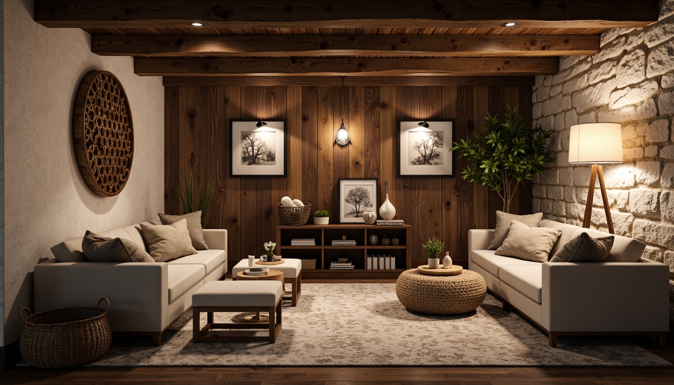 Prompt: Cozy basement atmosphere, warm earthy tones, rich wood accents, soft creamy whites, deep charcoal grays, calming blue undertones, natural stone textures, rustic metal decor, vintage industrial lighting, comfortable seating areas, plush carpets, woven baskets, nature-inspired patterns, soft warm glow, ambient shadows, 3/4 composition, realistic renderings.