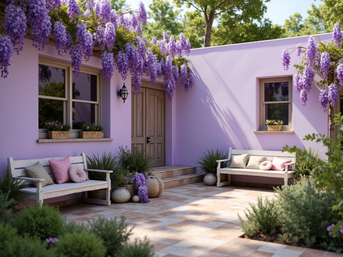 Prompt: Soft lavender walls, delicate wisteria blooms, pastel purple accents, whimsical garden scenery, vintage ornate furniture, distressed wooden benches, lush greenery, warm natural lighting, shallow depth of field, 1/1 composition, realistic textures, ambient occlusion.