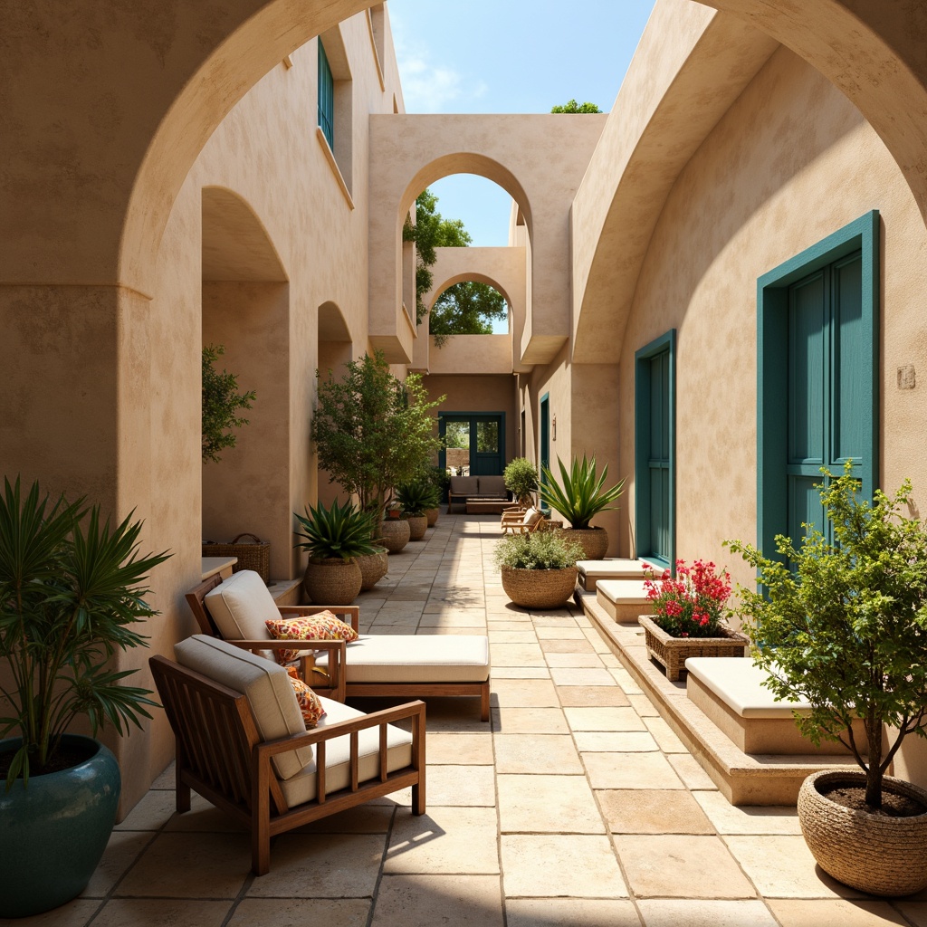 Prompt: Warm sandy beige walls, soft blue-green accents, earthy terracotta tones, natural stone floors, calming ocean-inspired blues, creamy whites, rustic wooden furnishings, lush greenery, vibrant floral patterns, woven textiles, sunny skylights, warm golden lighting, shallow depth of field, 1/1 composition, realistic textures, ambient occlusion, serene atmosphere, Mediterranean-inspired architecture, curved lines, ornate details, elegant typography.