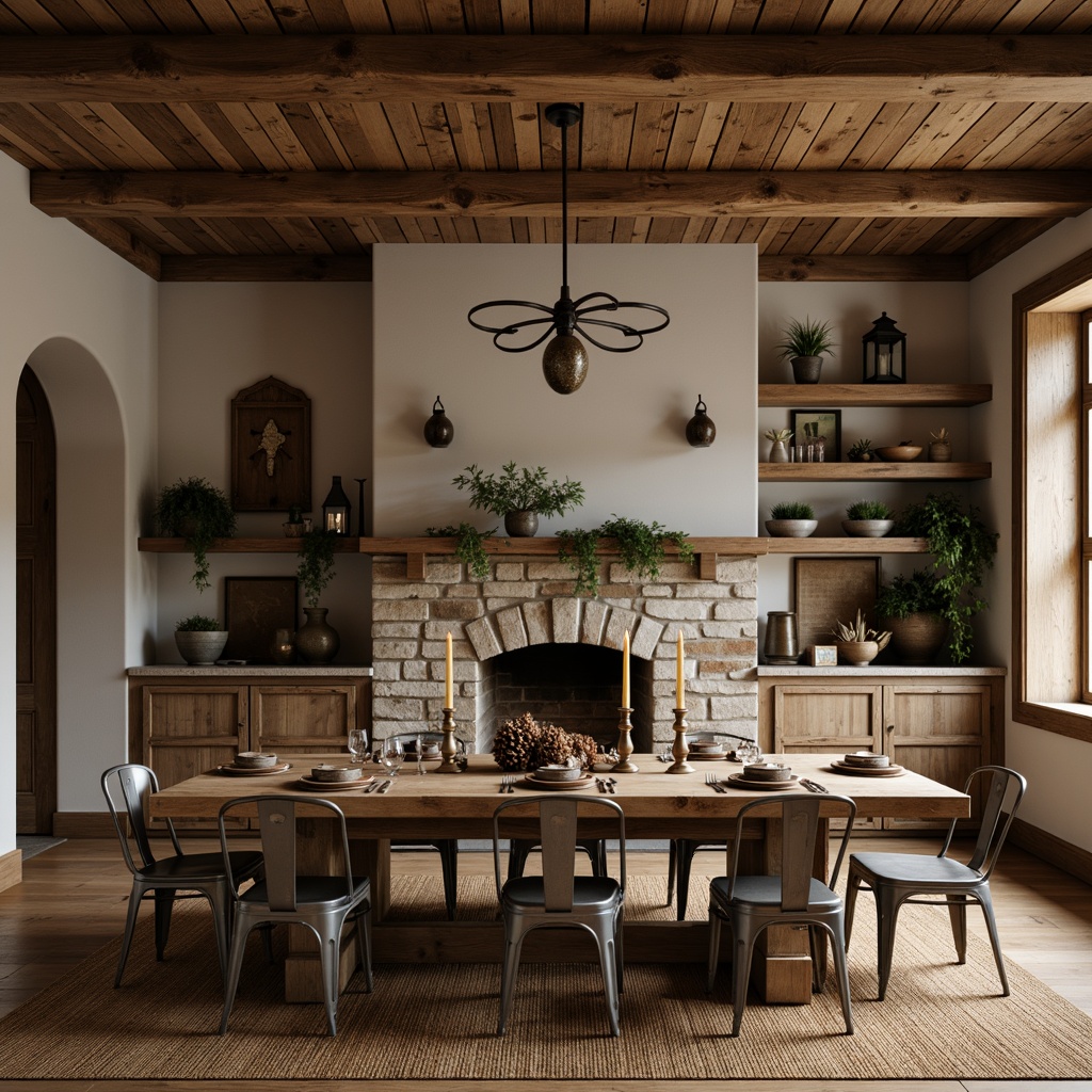 Prompt: Rustic dining room, reclaimed wooden tables, vintage metal chairs, earthy color palette, natural stone fireplace, woven jute rugs, pendant lanterns, pinecone centerpieces, distressed wooden shelves, antique dinnerware, candles in mercury glass holders, warm golden lighting, shallow depth of field, 1/1 composition, realistic textures, ambient occlusion.