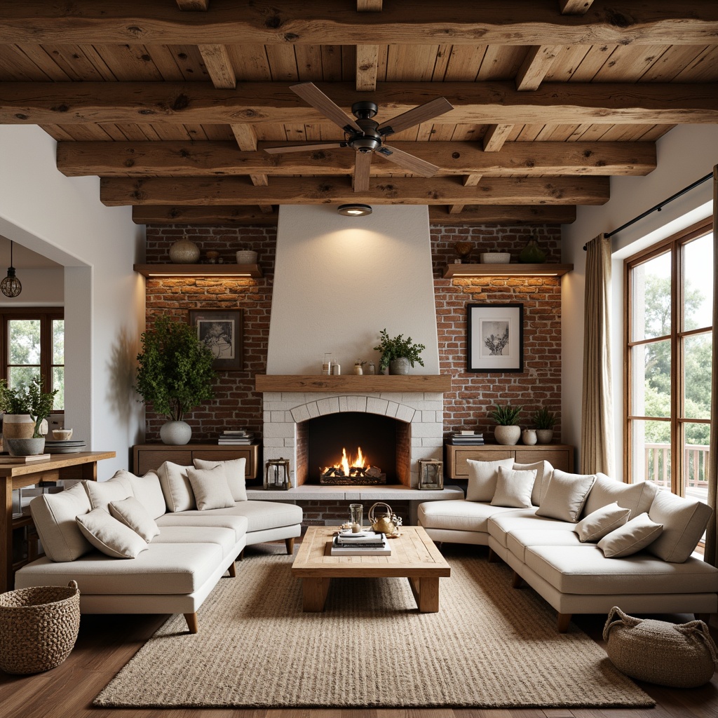 Prompt: Rustic farmhouse, vintage decor, distressed wood accents, reclaimed barnwood, exposed brick walls, natural stone fireplaces, earthy color palette, warm beige tones, soft cream hues, rich wood grains, woven textiles, jute rugs, linen upholstery, metal lanterns, industrial lighting fixtures, wooden beams, country-style kitchen, farmhouse sink, shiplap ceilings, wooden shutters, cozy reading nooks, plush throw blankets, natural fiber curtains, ambient warm lighting, shallow depth of field, 2/3 composition, rustic textures, realistic materials.