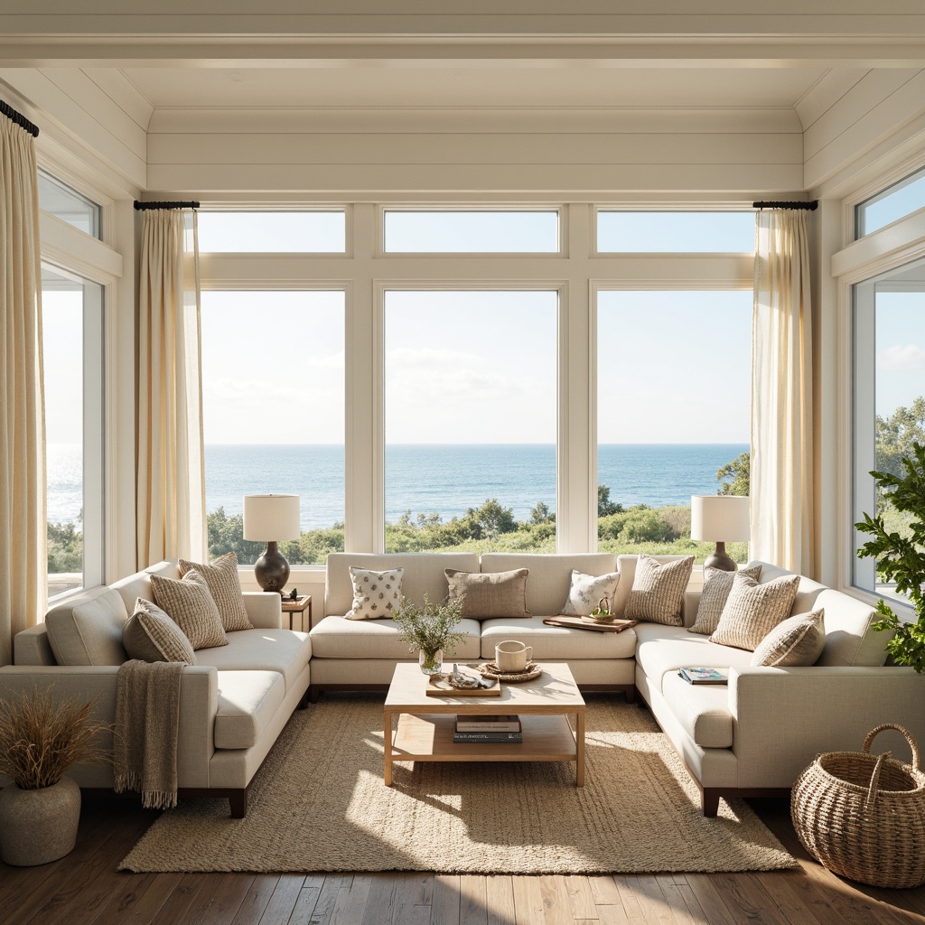 Prompt: Coastal living room, large windows, ocean views, natural light pouring in, soft warm glow, creamy white walls, driftwood accents, woven sea grass textiles, shell decorative accessories, coral-inspired patterns, calming color palette, beachy vibe, minimalist decor, reclaimed wood floors, linen upholstery, sheer curtains, airy atmosphere, shallow depth of field, 1/1 composition, bright sunny day, realistic textures, ambient occlusion.