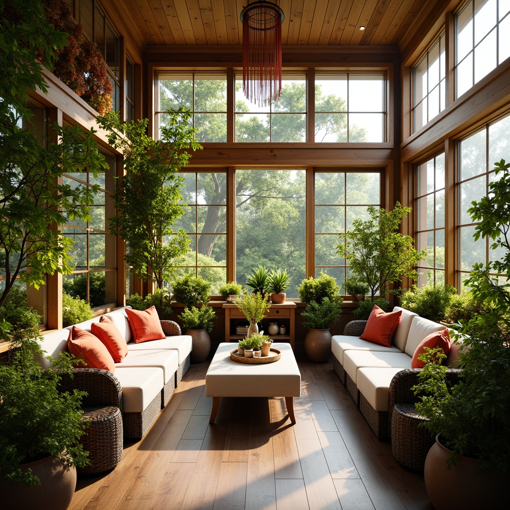 Prompt: Vibrant sunroom, lush greenery, natural light pouring in, comfortable seating areas, plush cushions, warm wooden accents, elegant chandeliers, decorative mirrors, stylish vases, colorful throw pillows, nature-inspired artwork, sliding glass doors, panoramic views, blooming plants, sunny day, soft warm lighting, shallow depth of field, 3/4 composition.