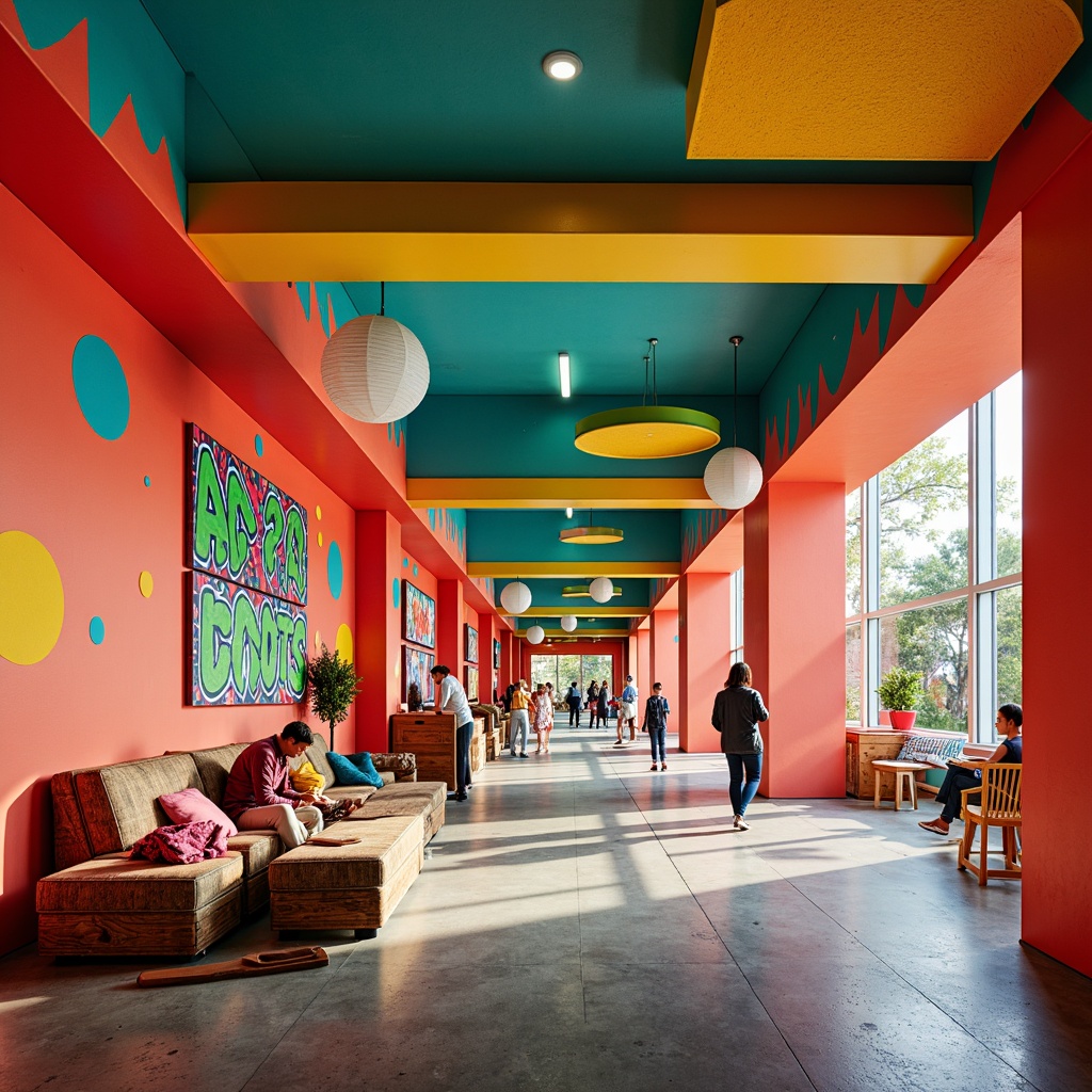 Prompt: Vibrant youth center, expressionist architecture, bold color palette, bright coral walls, turquoise accents, sunny yellow ceilings, playful polka-dot patterns, whimsical graffiti murals, irregular shapes, abstract forms, eclectic textures, rough concrete floors, reclaimed wood furniture, neon-lit signage, urban street art, dynamic lighting effects, shallow depth of field, 1/1 composition, panoramic view, realistic textures, ambient occlusion.