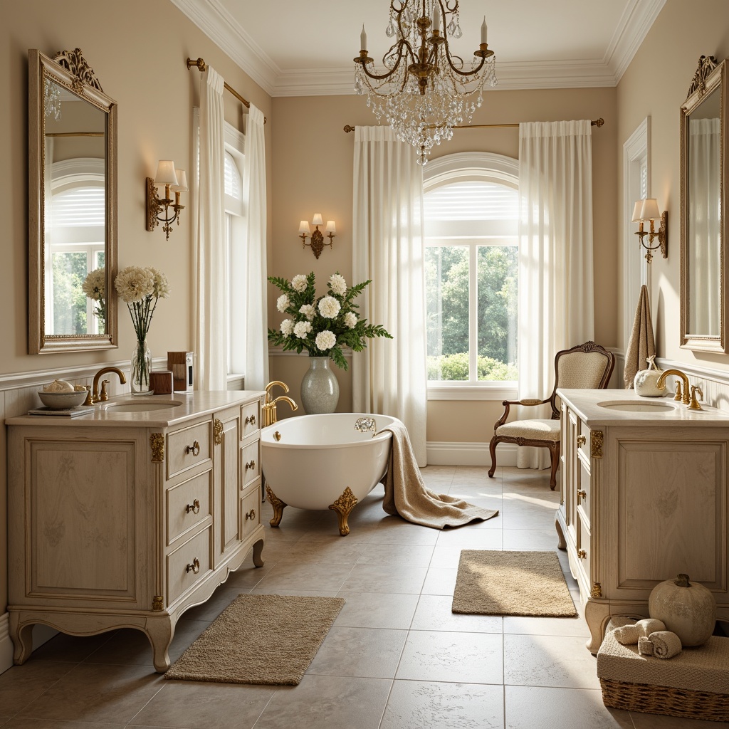 Prompt: Elegant French country style bathroom, soft cream walls, distressed wood vanities, ornate gold fixtures, crystal chandeliers, marble countertops, white porcelain sinks, decorative mirrors, plush area rugs, natural stone flooring, warm beige tones, subtle patterned fabrics, delicate floral arrangements, romantic candlelight, 1/1 composition, shallow depth of field, softbox lighting, realistic textures, ambient occlusion.