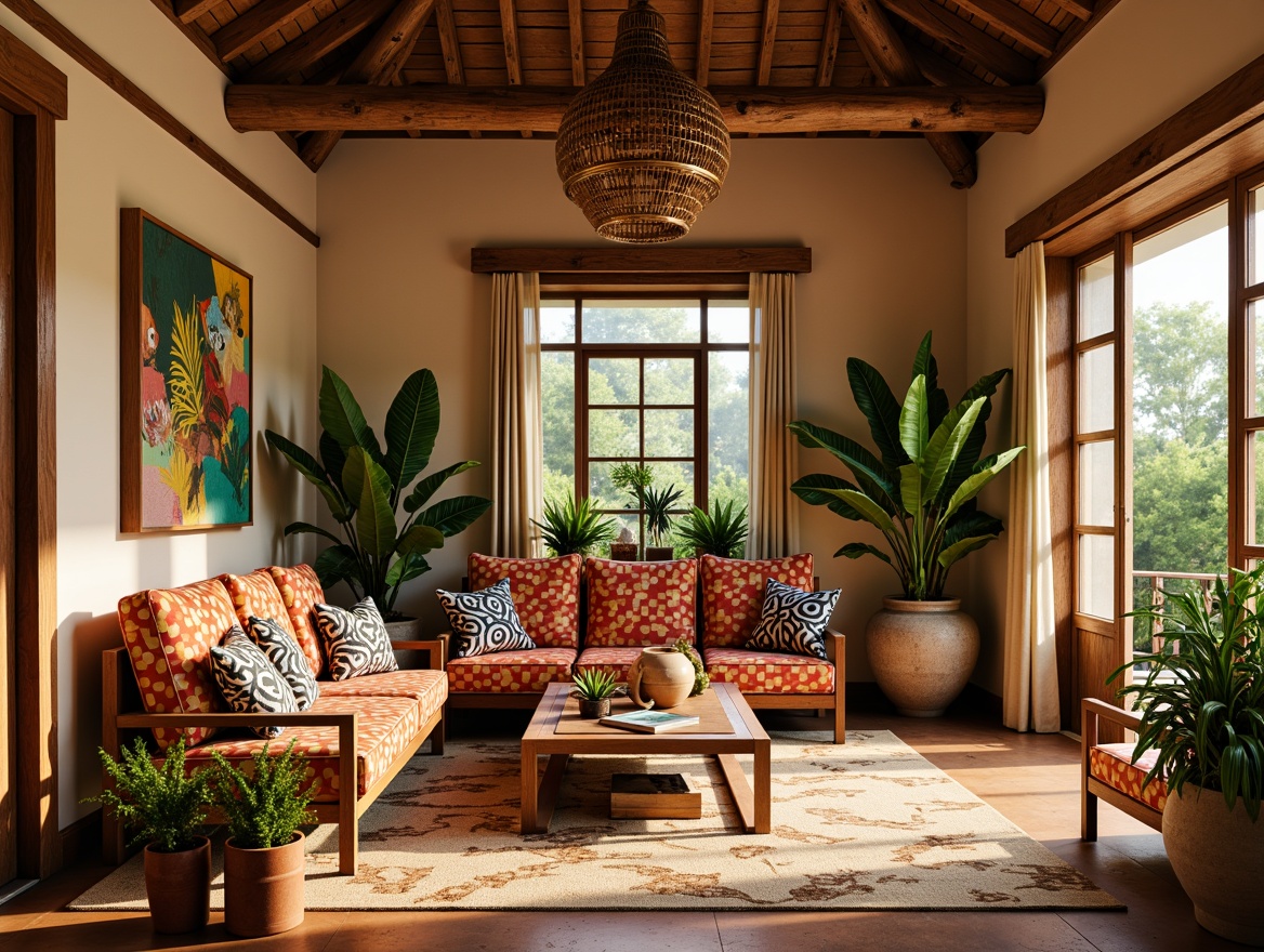 Prompt: Vibrant safari-inspired interior, bold jungle hues, warm beige walls, rich wooden accents, playful polka-dot patterns, whimsical animal prints, eclectic furniture pieces, colorful woven textiles, natural fiber rugs, earthy terracotta pots, lush greenery, exotic botanicals, soft warm lighting, shallow depth of field, 1/1 composition, realistic textures, ambient occlusion.