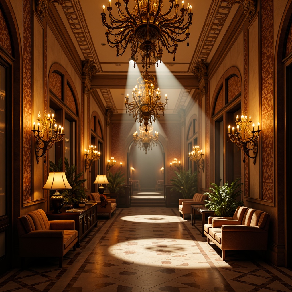 Prompt: Opulent chandeliers, grandiose candelabras, warm golden lighting, soft candle glow, dramatic spotlights, ornate metalwork, intricate carvings, lavish fabrics, richly colored tapestries, high ceilings, sweeping arches, curved lines, gilded details, marble floors, luxurious furnishings, regal atmosphere, mysterious shadows, high contrast ratio, cinematic composition, warm color palette, soft focus blur.