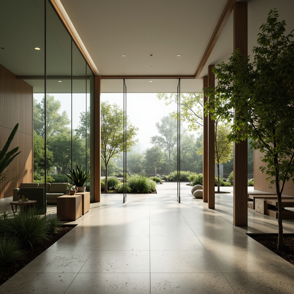 Prompt: Elegant entrance hall, sleek glass doors, transparent walls, modern minimalist decor, polished chrome hardware, reflective floor tiles, ambient natural light, bright airy atmosphere, greenery accents, botanical patterns, subtle shading, shallow depth of field, 1/1 composition, realistic textures, soft warm lighting.